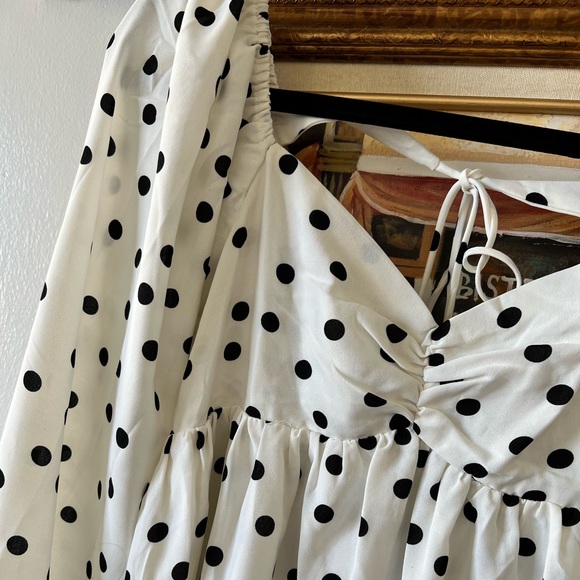 Lulu’s - Meet Me At Our Spot White Polka Dot Long Sleeve Mini Dress - M - Picture 4 of 9